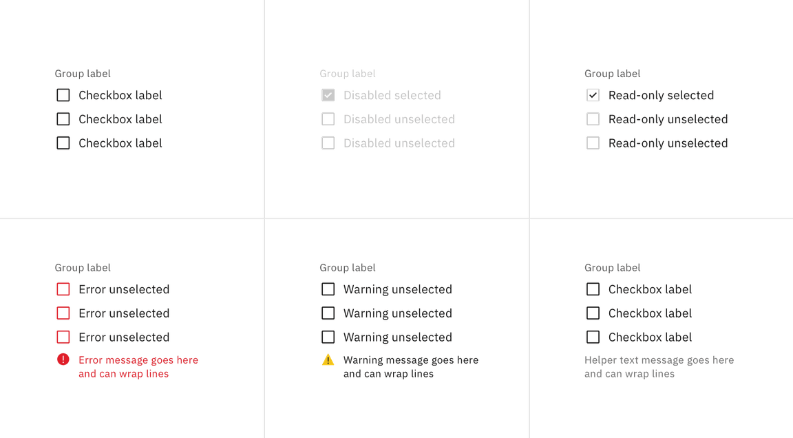 Enabled, disabled, read-only, error, warning and helper text states for checkbox group